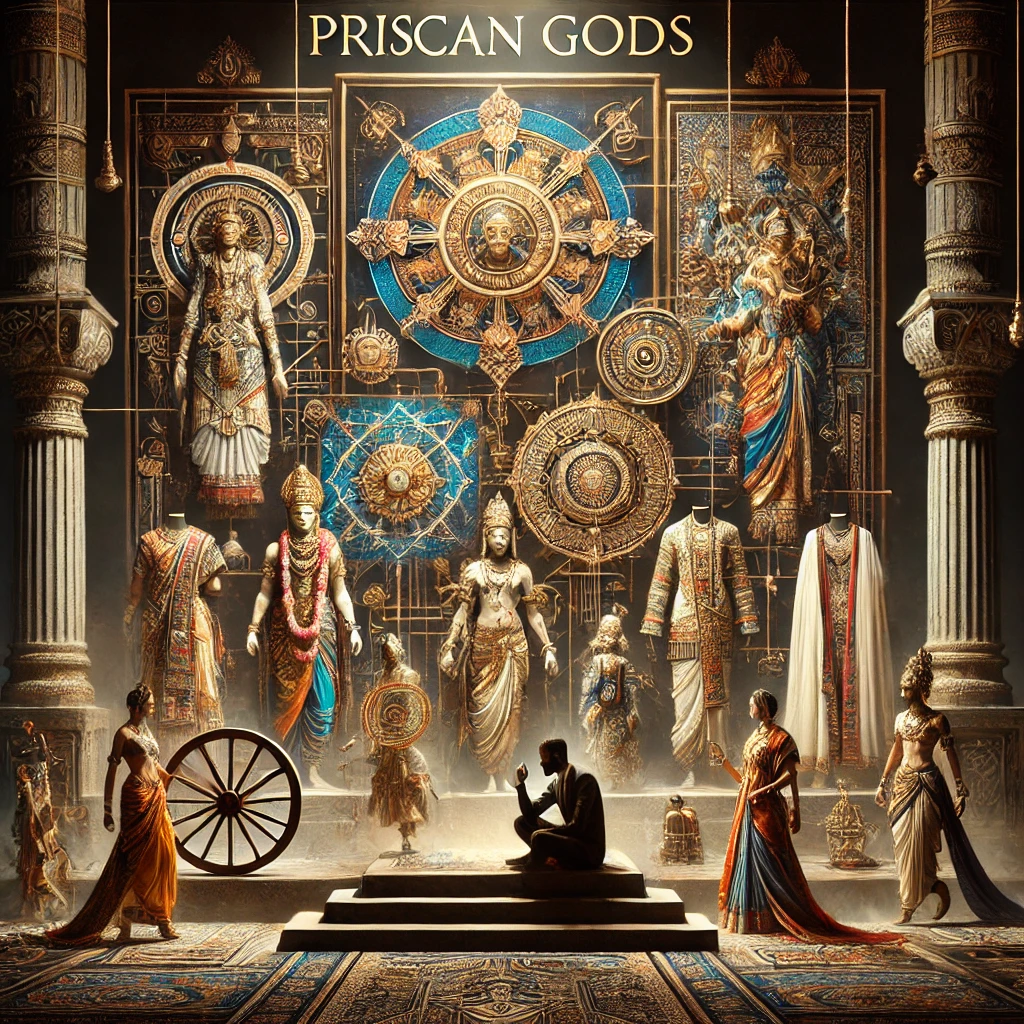 DALL·E 2024-12-16 01.00.59 - Create an artistic image that showcases the meaning of PriscanGods, symbolizing dealing with ancient gods through modern clothing. Visualize elements story